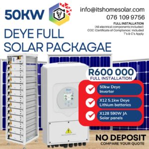 50kW PV Solar System – Deye Inverter, 12× Deye High Voltage Batteries, 128× JA Solar Panels (Full Installation)