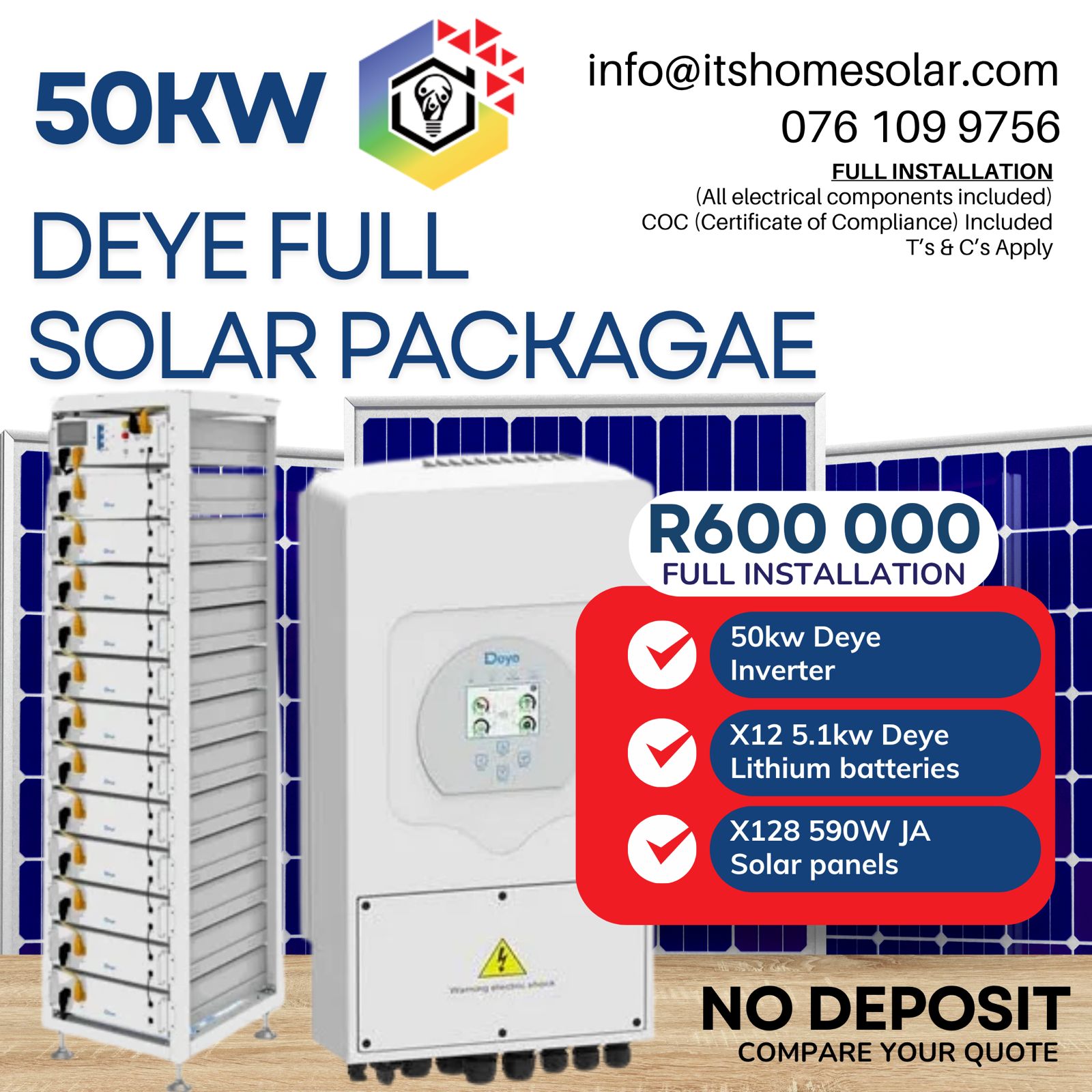 50kW PV Solar System – Deye Inverter, 12× Deye High Voltage Batteries, 128× JA Solar Panels (Full Installation)