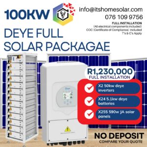 100kW PV Solar System – Dual 50kW Deye Inverters, 24× Deye High Voltage Batteries, 255× JA Solar Panels (Full Installation)