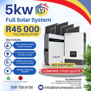 5kW PV Solar System – Luxpower Inverter, 1x Volta Lithium Battery, 5x JA Solar Panels (Full Installation)