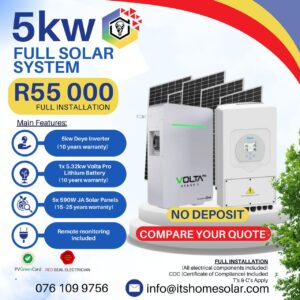 5kW PV Solar System - Deye Inverter, 1x Volta Lithium Battery, 5x JA Solar Panels (Full Installation)
