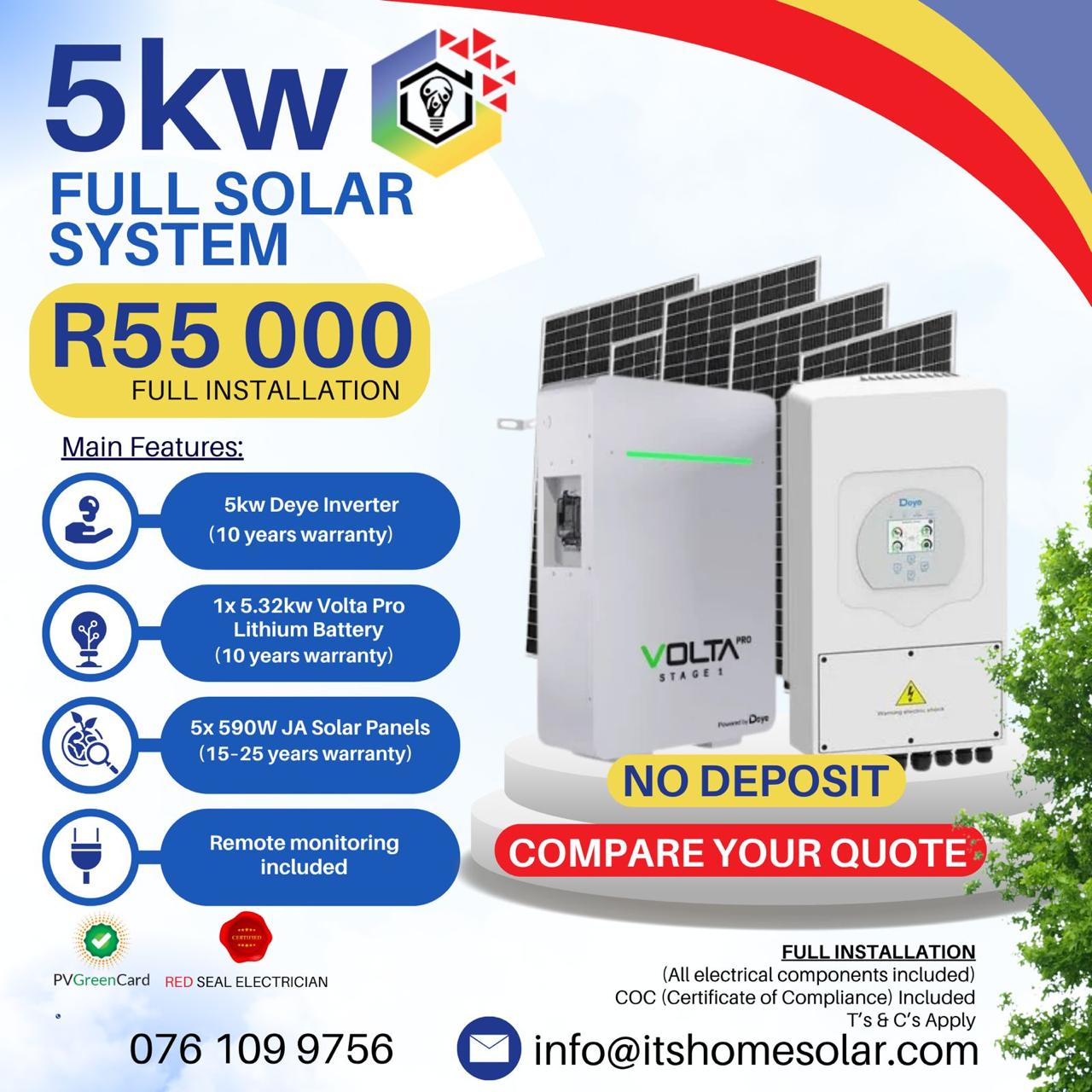 5kW PV Solar System - Deye Inverter, 1x Volta Lithium Battery, 5x JA Solar Panels (Full Installation)