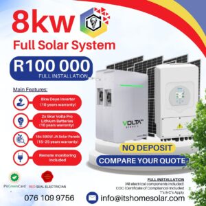 8kW PV Solar System – Deye Inverter, 2x Volta Lithium Batteries, 16x JA Solar Panels (Full Installation)