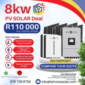 8kW PV Solar System – Sunsynk Inverter, 2x Sunsynk Batteries, 16x JA Solar Panels (Full Installation)