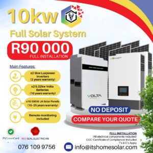 10kW PV Solar System – Luxpower Inverters, 2x Volta Batteries, 10x JA Solar Panels (Full Installation)