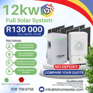 12kW PV Solar System – 3-Phase Deye Inverter, 1x 14.36kW Volta Lithium Battery, 20x JA Solar Panels (Full Installation)