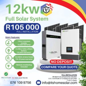 12kW PV Solar System – Luxpower Inverters, 1x 14.36kW Volta Batteries, 15x JA Solar Panels (Full Installation)