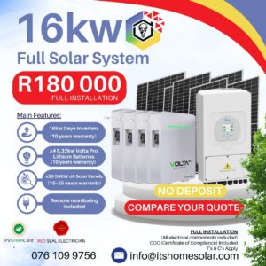 16kW PV Solar System – Deye Inverters, 4× 5.12kW Volta Lithium Batteries, 30× JA Solar Panels (Full Installation)