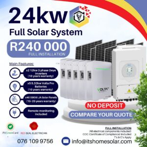 24kW PV Solar System – Dual 12kW 3-Phase Deye Inverters, 5× 5.12kW Volta Batteries, 40× JA Solar Panels (Full Installation)
