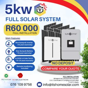 5kW PV Solar System – Sunsynk Inverter & 1x Battery, 5x JA Solar Panels (Full Installation)
