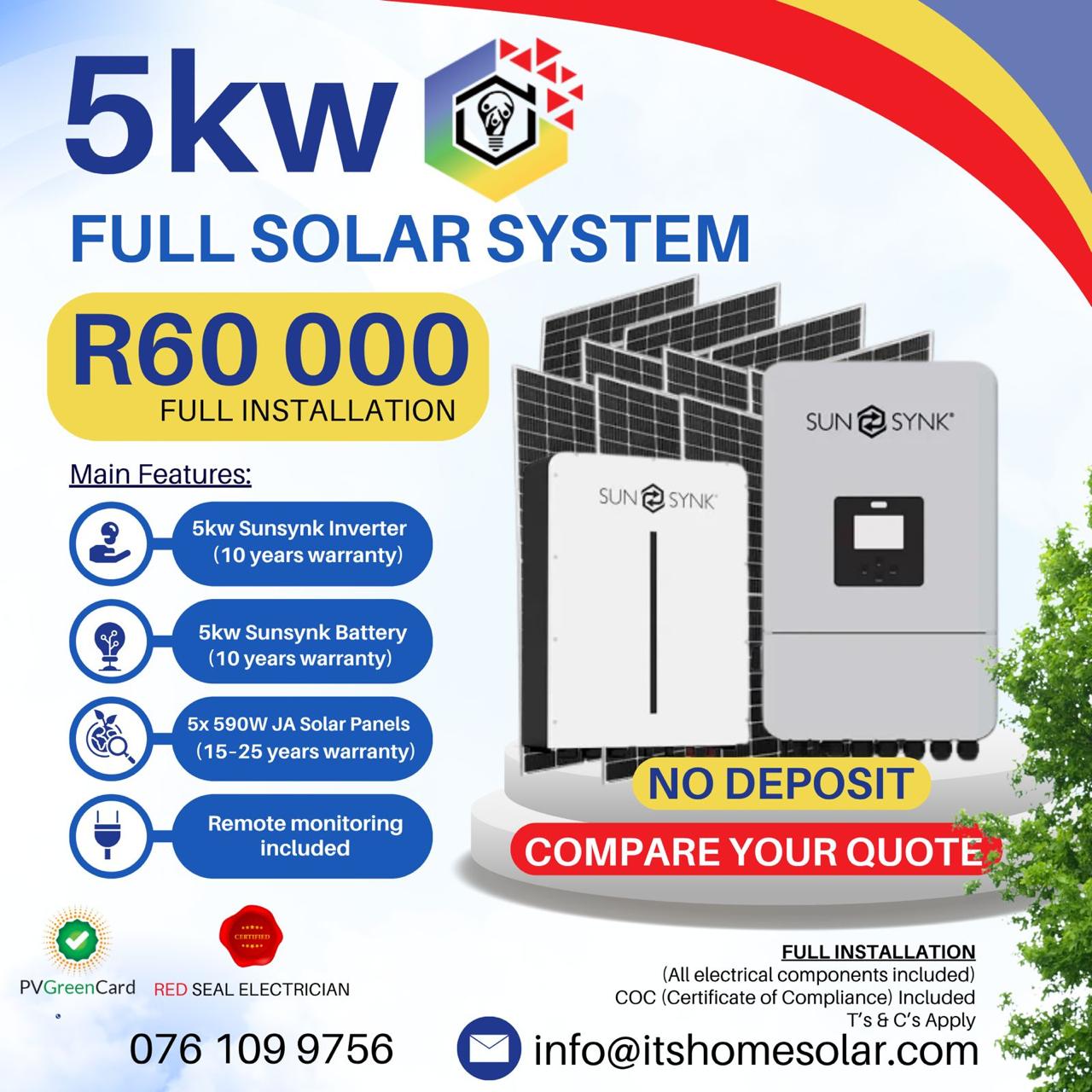 5kW PV Solar System – Sunsynk Inverter & 1x Battery, 5x JA Solar Panels (Full Installation)