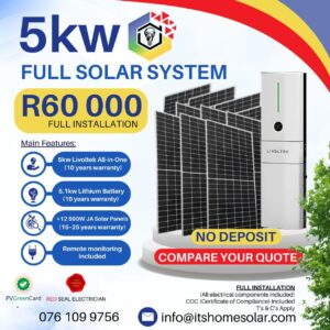 5kW Full Solar System – Livoltek All-in-One, 1x Lithium Battery, 12× JA Solar Panels (Full Installation)