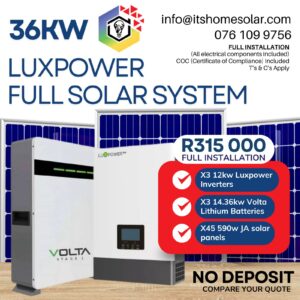 36kW PV Solar System – Luxpower Inverters, 3x Volta Batteries, 45x JA Solar Panels (Full Installation)