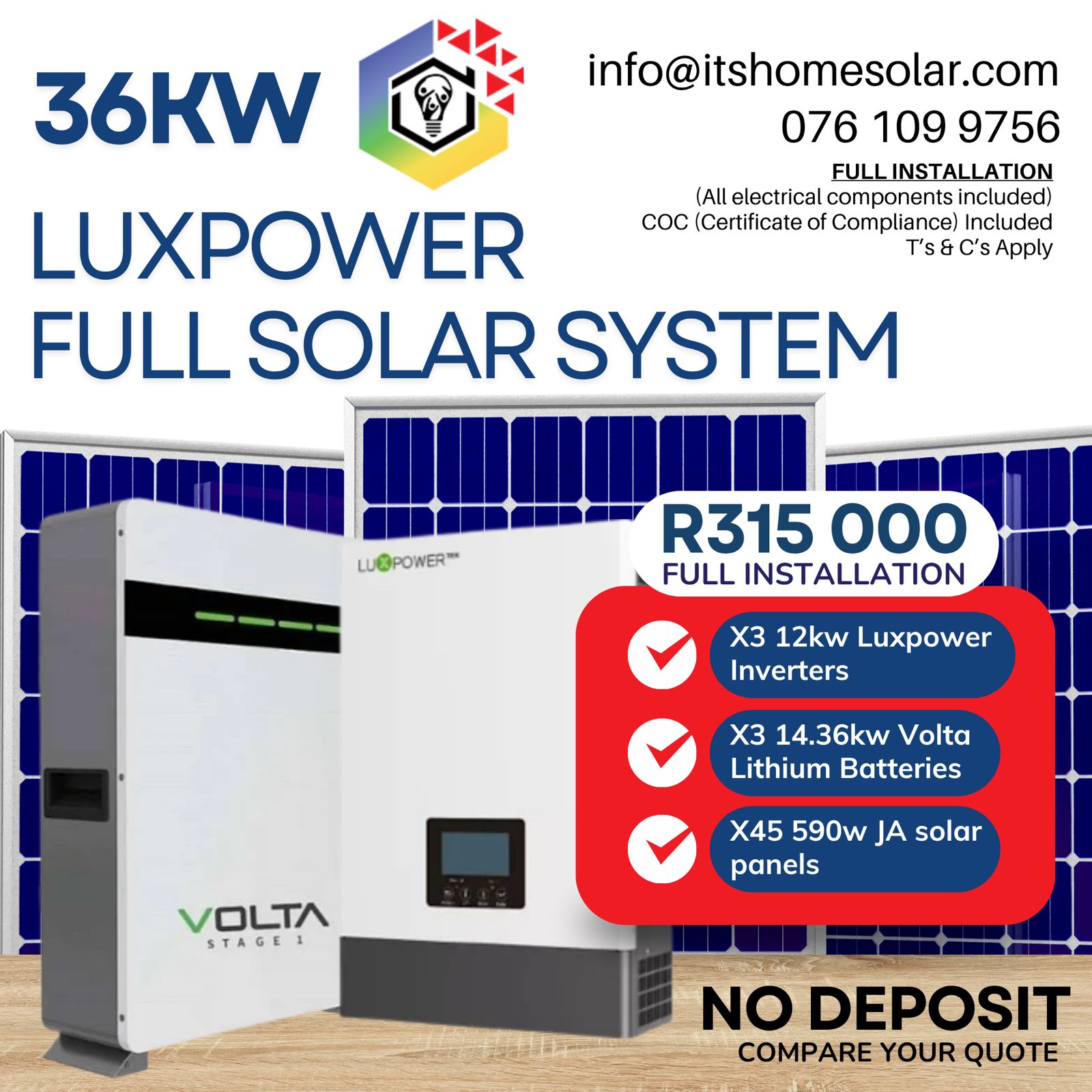 36kW PV Solar System – Luxpower Inverters, 3x Volta Batteries, 45x JA Solar Panels (Full Installation)