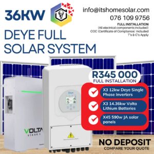 36kW PV Solar System – Deye Single-Phase Inverter, 3x Volta Batteries, 45× JA Solar Panels (Full Installation)