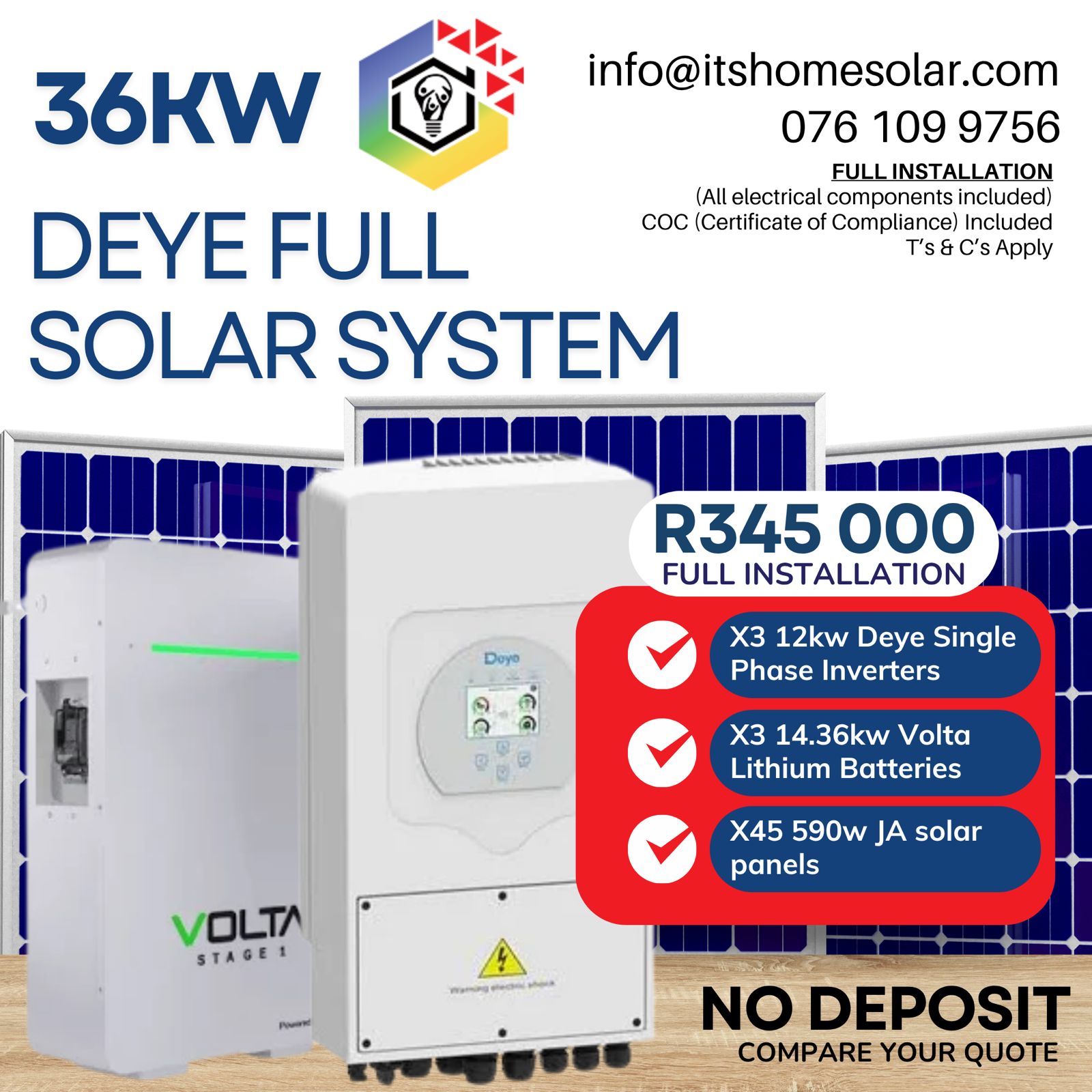 36kW PV Solar System – Deye Single-Phase Inverter, 3x Volta Batteries, 45× JA Solar Panels (Full Installation)