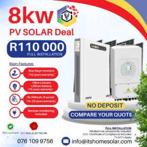 8kW PV Solar System – Deye Inverter, 1x 16kW Lemoen Lithium Battery, 16x JA Solar Panels (Full Installation)
