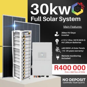 30kW HV Deye Solar System, 12x Deye Bos-G HV Batteries, 48× JA Solar Panels