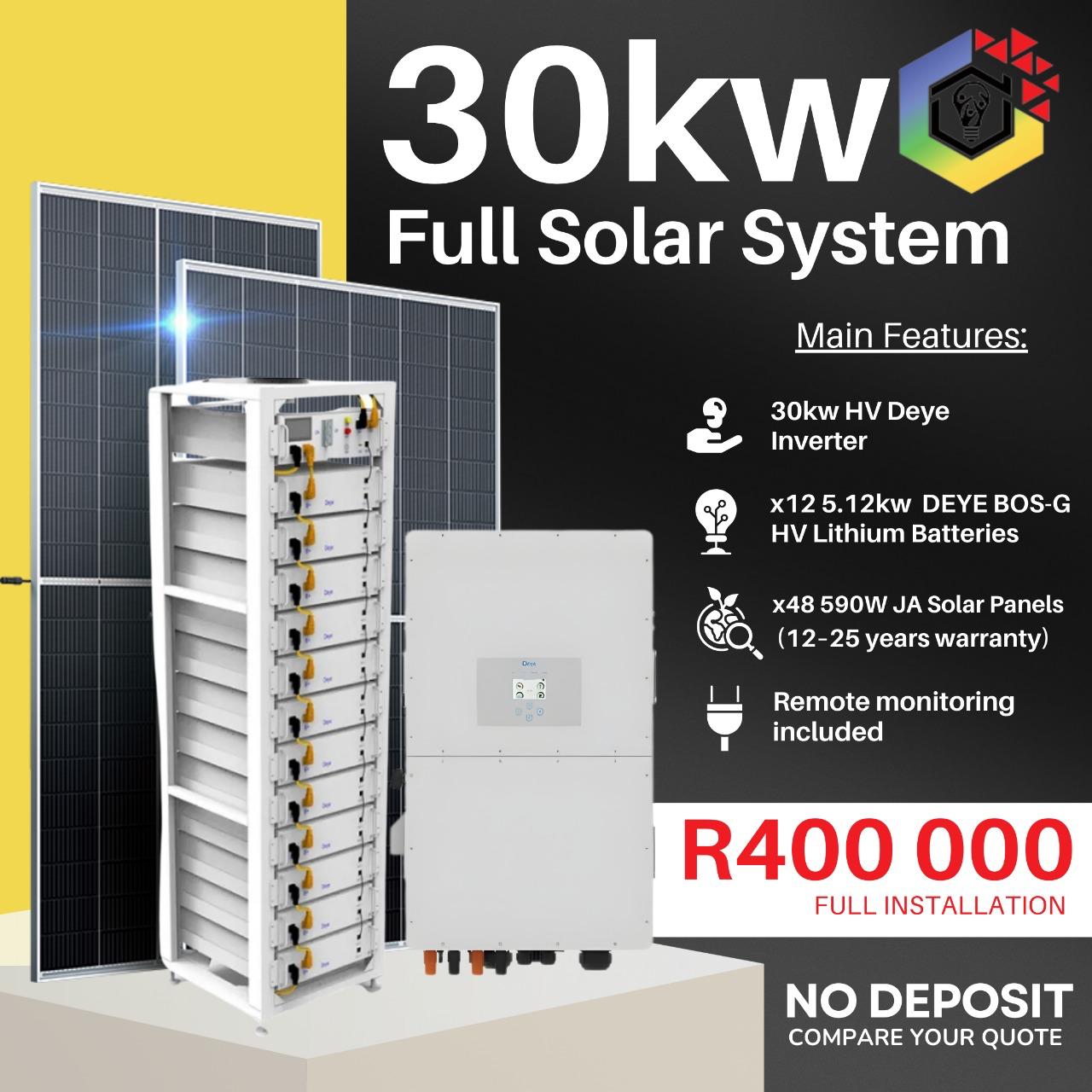 30kW HV Deye Solar System, 12x Deye Bos-G HV Batteries, 48× JA Solar Panels