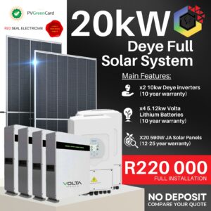 20kW Deye Solar System, 4x Volta Lithium Batteries, 20× JA Solar Panels